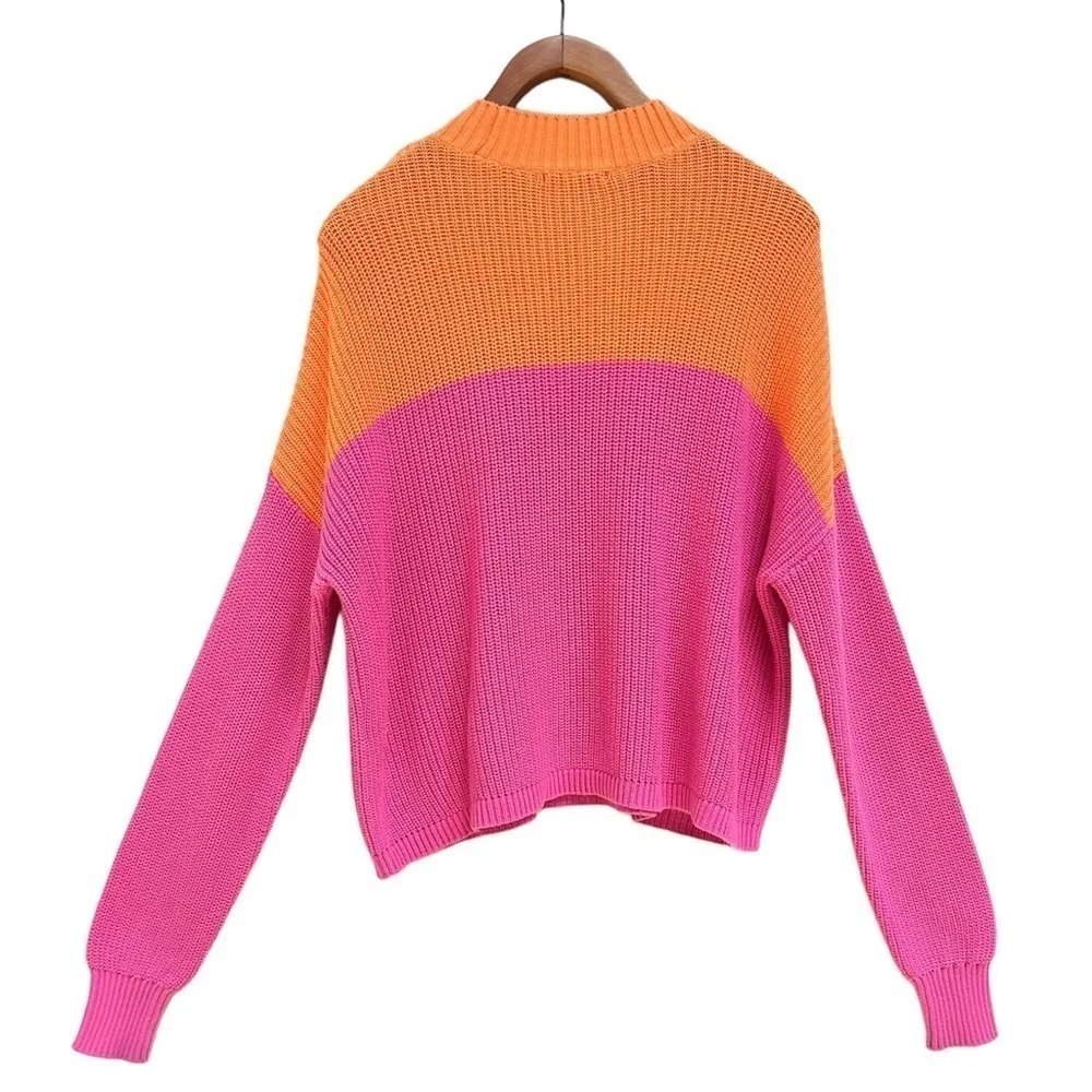 Bar III Cotton Colorblocked Mock-Neck Pink Orange Sweater, Size Small